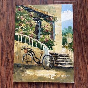 S H Chan Original Oil Painting Impasto Bicycle Flowers Patio Wall Art 12x16